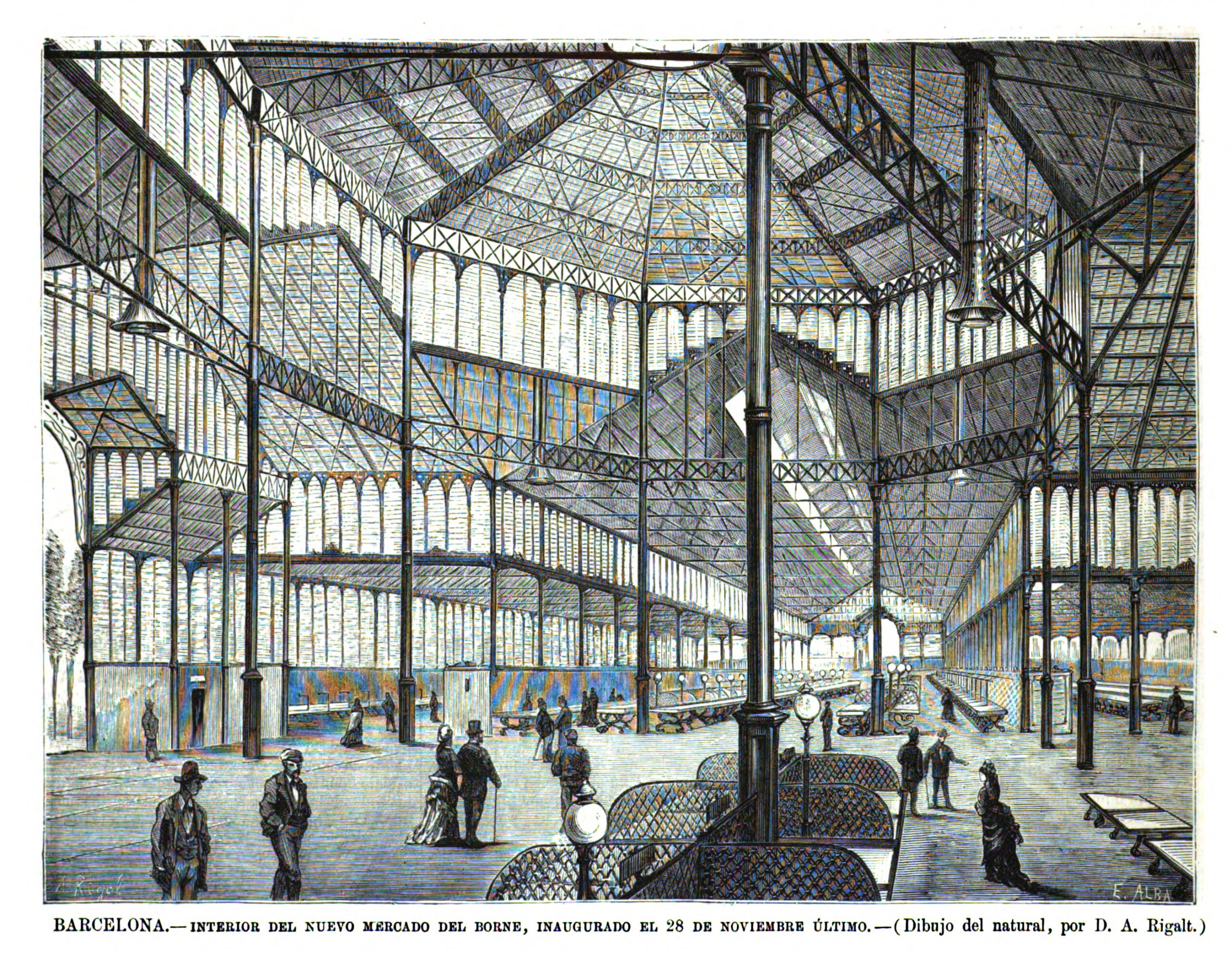 Barcelona.—Interior del nuevo mercado del Borne, inaugurado el 28 de noviembre último.—(Dibujo del natural, por D. A. Rigalt.) 22 de desembre del 1876